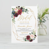 金ゴールド幾何学的ブルゴーニュと赤面ピンクフローラ 招待状 (スタンド正面)