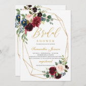 金ゴールド幾何学的ブルゴーニュと赤面ピンクフローラ 招待状 (正面/裏面)