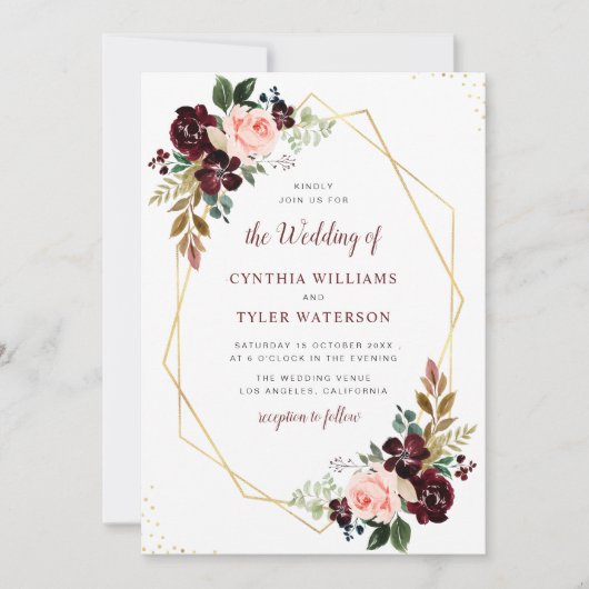 金ゴールド幾何学的ブルゴーニュと赤面フローラ結婚ズ 招待状 (正面)