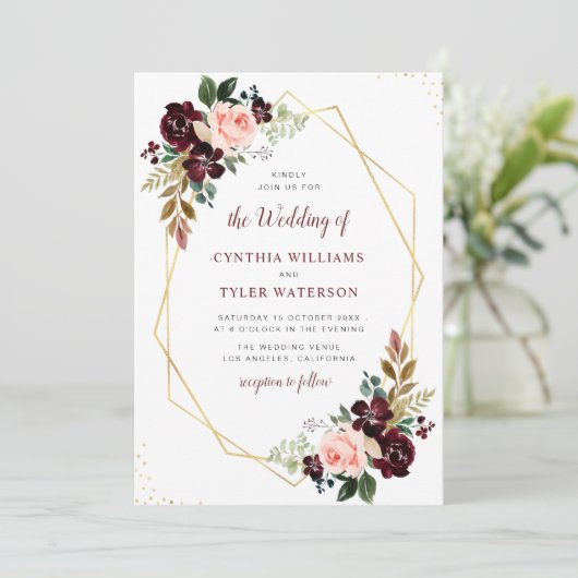 金ゴールド幾何学的ブルゴーニュと赤面フローラ結婚ズ 招待状 (スタンド正面)