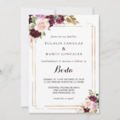 金ゴールド幾何学的ブルゴーニュスペインのフローラ結婚ズ 招待状 (正面)