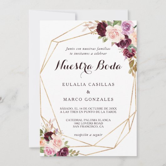 金ゴールド幾何学的ブルゴーニュスペインのフローラ結婚ズ 招待状 (正面)