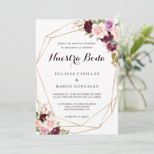 金ゴールド幾何学的ブルゴーニュスペインのフローラ結婚ズ 招待状 (スタンド正面)