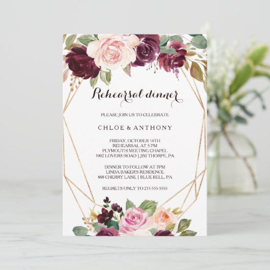 金ゴールド幾何学的ブルゴーニュフローラリハーサルディナー 招待状 (スタンド正面)