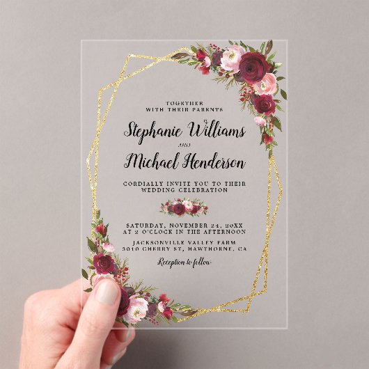 金ゴールド幾何学的ブルゴーニュ結婚フローラ アクリル招待状 (インサイチュ (ポータブル))