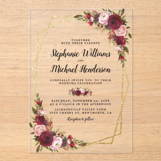 金ゴールド幾何学的ブルゴーニュ結婚フローラ アクリル招待状 (正面)