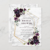 金ゴールド幾何学的プラムパープルフローラブライダルシャワー 案内ポストカード (正面/裏面)