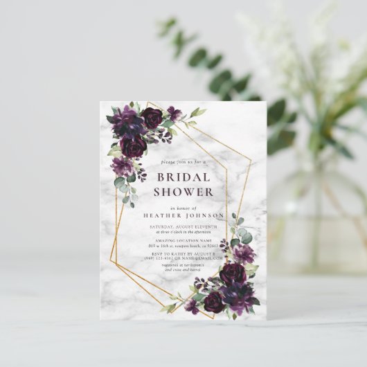 金ゴールド幾何学的プラムパープルフローラブライダルシャワー 案内ポストカード (スタンド正面)