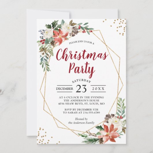 金ゴールド幾何学的ポインセチアフローラクリスマスパーティー 招待状 (正面)