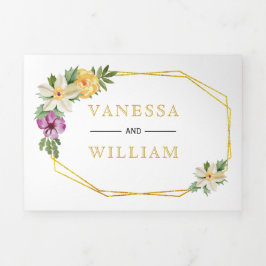 金ゴールド幾何学的ポリゴン水色フローラ結婚 三つ折り招待状