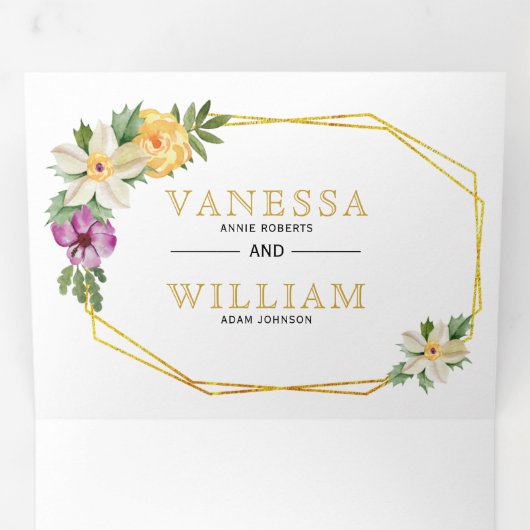 金ゴールド幾何学的ポリゴン水色フローラ結婚 三つ折り招待状 (内部最初)