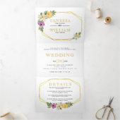 金ゴールド幾何学的ポリゴン水色フローラ結婚 三つ折り招待状 (内部)