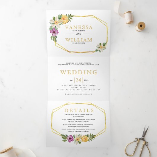 金ゴールド幾何学的ポリゴン水色フローラ結婚 三つ折り招待状 (内部)