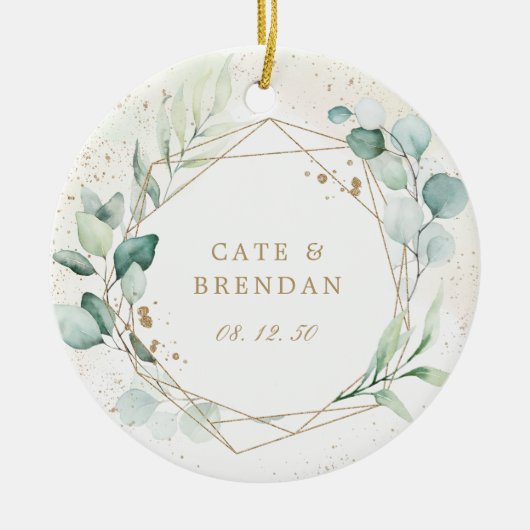 金ゴールド幾何学的ユーカリ緑の写真新着 セラミックオーナメント (正面)