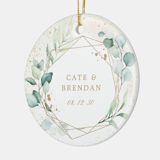 金ゴールド幾何学的ユーカリ緑の写真新着 セラミックオーナメント (左)