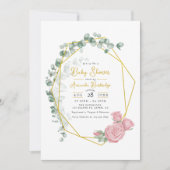 金ゴールド幾何学的ユーカリ&ピンクローゼベビーシャワー 招待状 (正面)