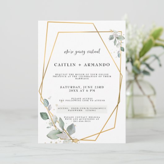 金ゴールド幾何学的仮想結婚式招待状カード (スタンド正面)