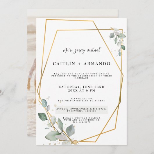 金ゴールド幾何学的仮想結婚式招待状カード (正面/裏面)