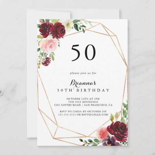 金ゴールド幾何学的春フローラ50th誕生日パーティー 招待状 (正面)