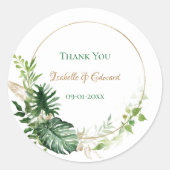 金ゴールド幾何学的熱帯グリーンモンステラ葉 ラウンドシール (正面)