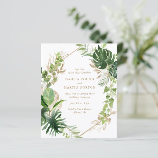 金ゴールド幾何学的熱帯予算結婚式招待状 (スタンド正面)