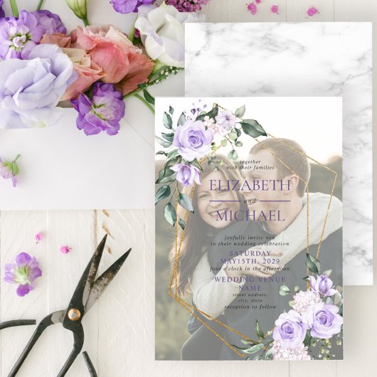 金ゴールド幾何学的薄紫フローラVellumオーバーレイフォト 招待状