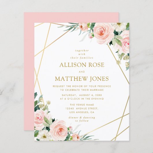 金ゴールド幾何学的赤面ピンクフローラ結婚式の招待 (正面/裏面)