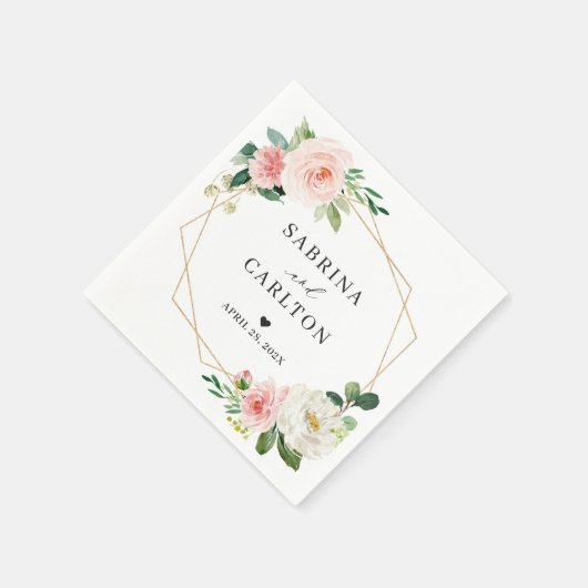 金ゴールド幾何学的赤面ピンク結婚フローラ スタンダードカクテルナプキン (角)