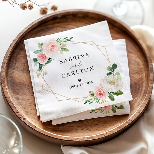 金ゴールド幾何学的赤面ピンク結婚フローラ スタンダードカクテルナプキン