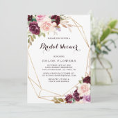 金ゴールド幾何学的赤面ブルゴーニュフローラブライダルシャワー 招待状 (スタンド正面)