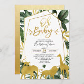 金ゴールド幾何学OHベビージャングル動物のベビーシャワー 招待状 (正面/裏面)