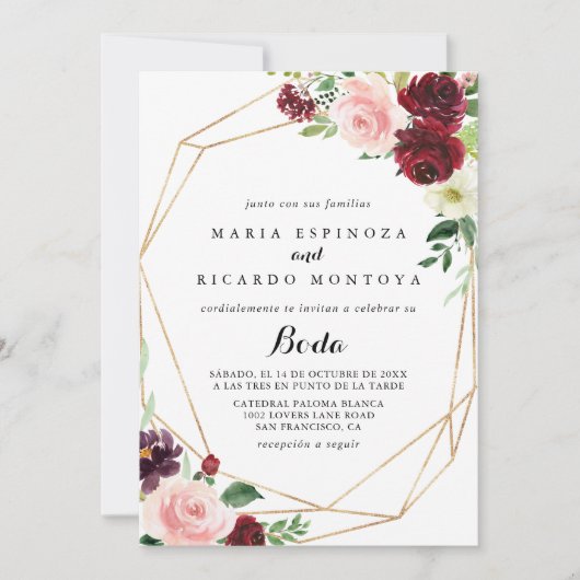 金ゴールド幾何春スペインのフローラ結婚 招待状 (正面)