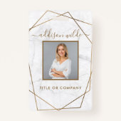 金ゴールド幾何白大理石モダンフォトID バッジ (正面)