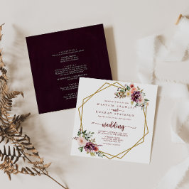 金ゴールド幾何素朴フローラフロントとバック結婚ズ 招待状
