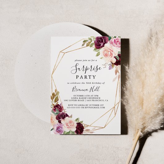 金ゴールド幾何素朴フローラ驚きパーティー 招待状