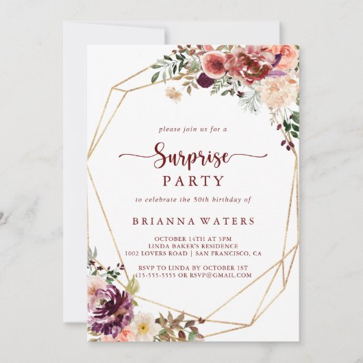 金ゴールド幾何素朴夏フローラ驚きパーティー 招待状 (正面)