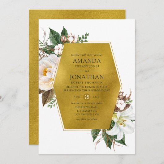 金ゴールド幾何結婚フローラ 招待状 (正面/裏面)