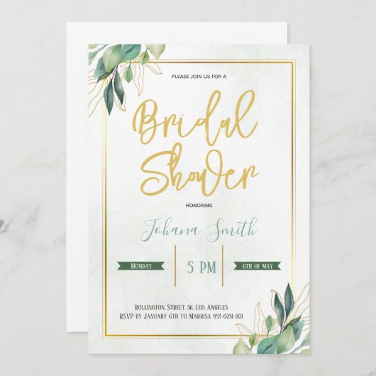 金ゴールド幾何緑化フローラブライダルシャワー 招待状 (正面/裏面)