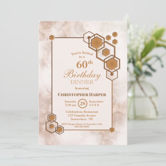 金ゴールド幾何縁ど60番目の誕生日ディナーパーティー 招待状 (スタンド正面)