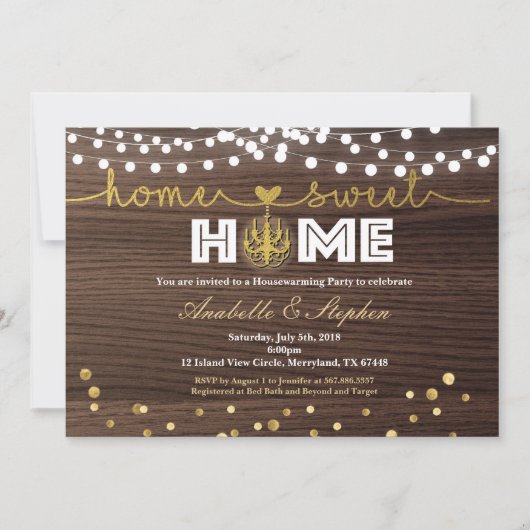 金ゴールド引っ越し祝いパーティーパーティの招待状粗木材 招待状 (正面)