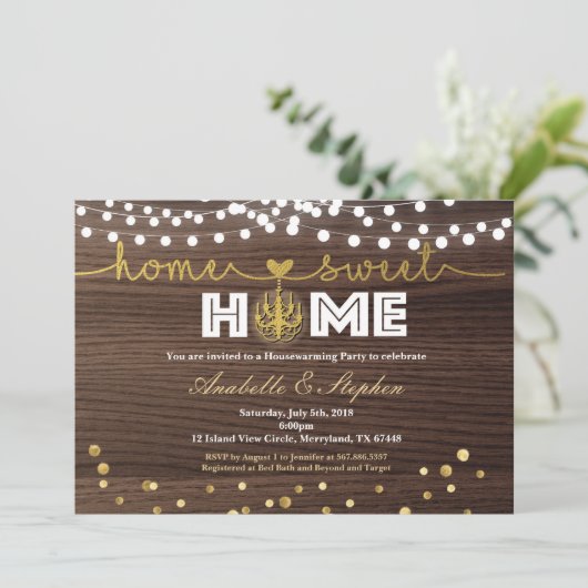 金ゴールド引っ越し祝いパーティーパーティの招待状粗木材 招待状 (スタンド正面)