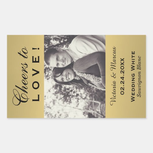 金ゴールド応援を愛結婚のフォトワインボトル 長方形シール (正面)