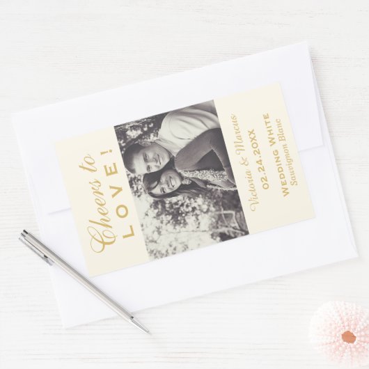 金ゴールド応援を愛結婚のフォトワインボトル 長方形シール (封筒)