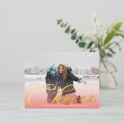 金ゴールド応援クラシックレタリング赤グラデーション写真 箔シーズンポストカード (立ち正面)