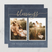 金ゴールド恵みダークブルークリスマスフォトホリデー シーズンカード (正面/裏面)