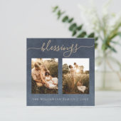 金ゴールド恵みダークブルークリスマスフォトホリデー シーズンカード (スタンド正面)