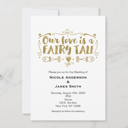 金ゴールド愛はおとぎ話の結婚式招待状 招待状 (正面)