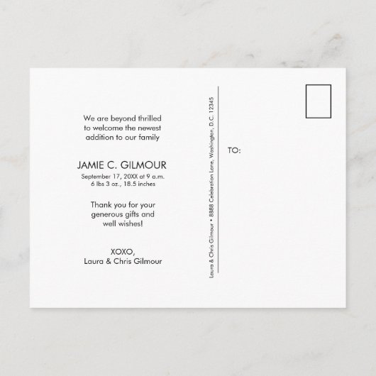 金ゴールド感謝していのスクリプト写真の誕生発表 案内ポストカード (裏面)