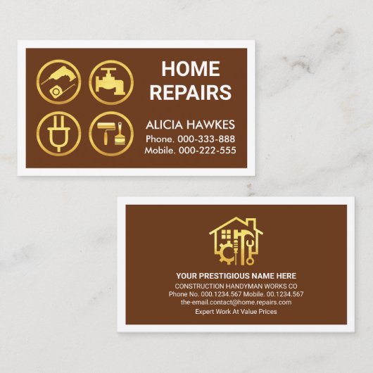 金ゴールド手利師ツール茶色の枠 名刺 (正面/裏面)