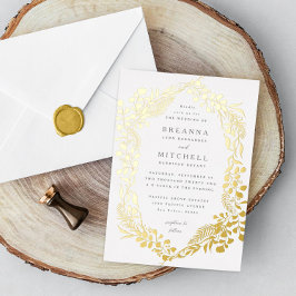 金ゴールド手描きファーンユーカリ結婚ス 箔招待状